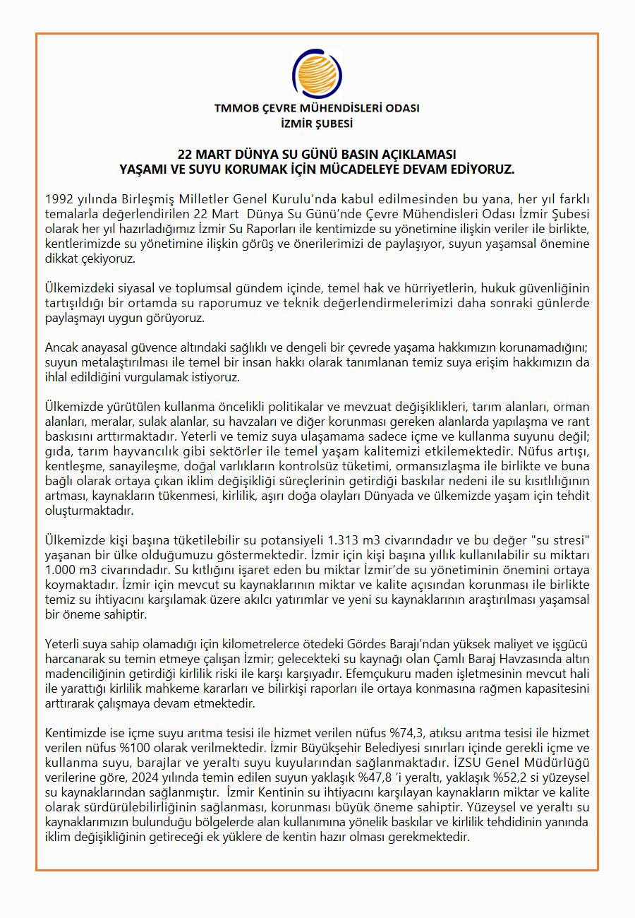 22 MART DÜNYA SU GÜNÜ BASIN AÇIKLAMASI YAŞAMI VE SUYU KORUMAK İÇİN MÜCADELEYE DEVAM EDİYORUZ.