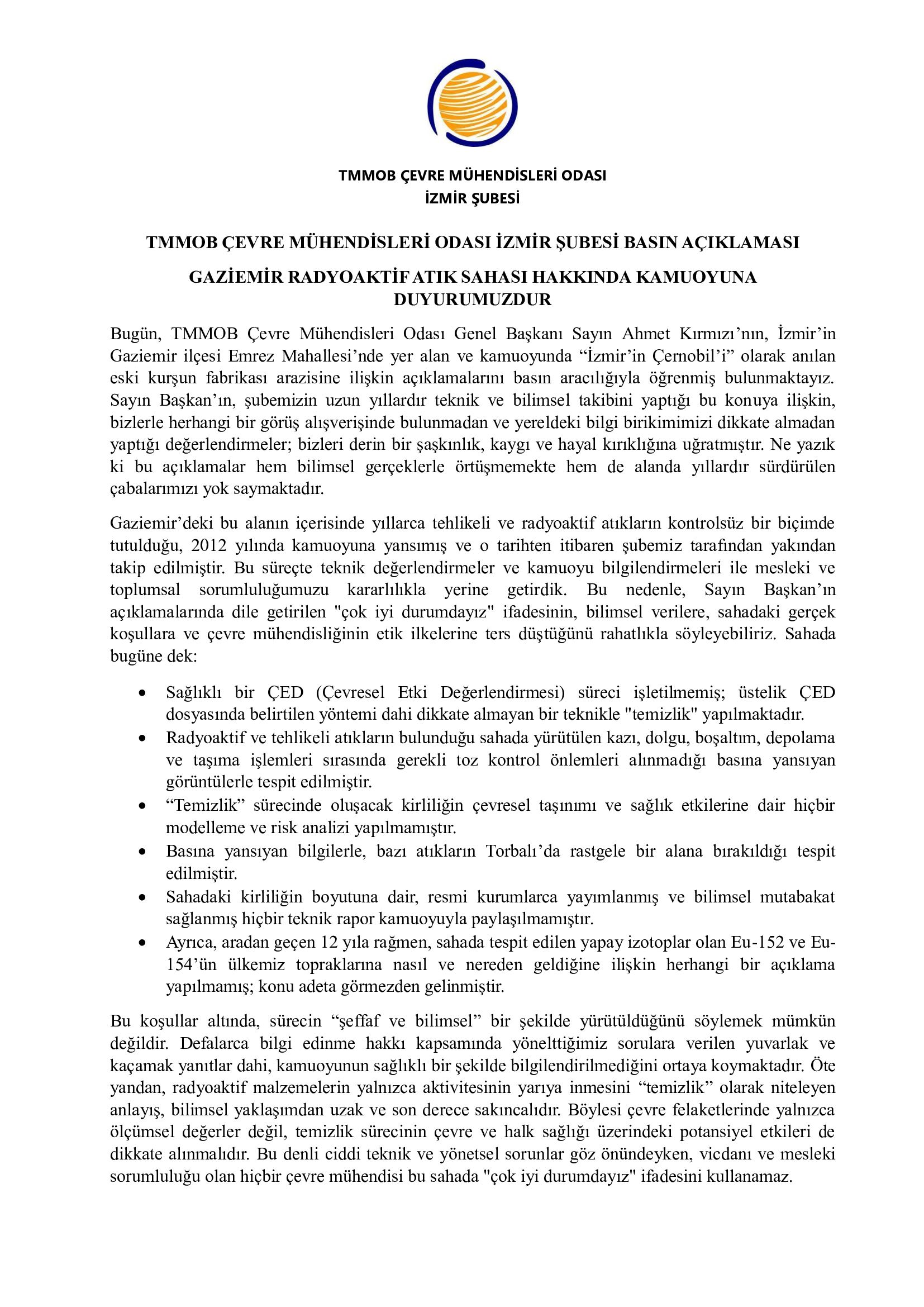 GAZİEMİR RADYOAKTİF ATIK SAHASI HAKKINDA KAMUOYUNA DUYURUMUZDUR