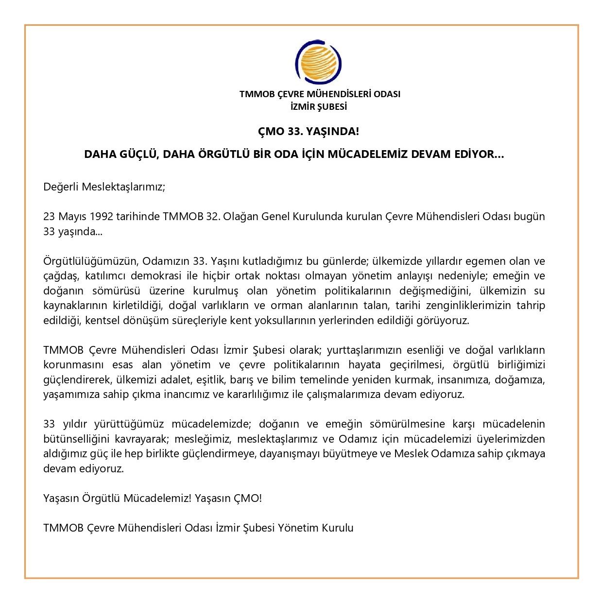 ÇMO 33. YAŞINDA!  DAHA GÜÇLÜ, DAHA ÖRGÜTLÜ BİR ODA İÇİN MÜCADELEMİZ DEVAM EDİYOR…