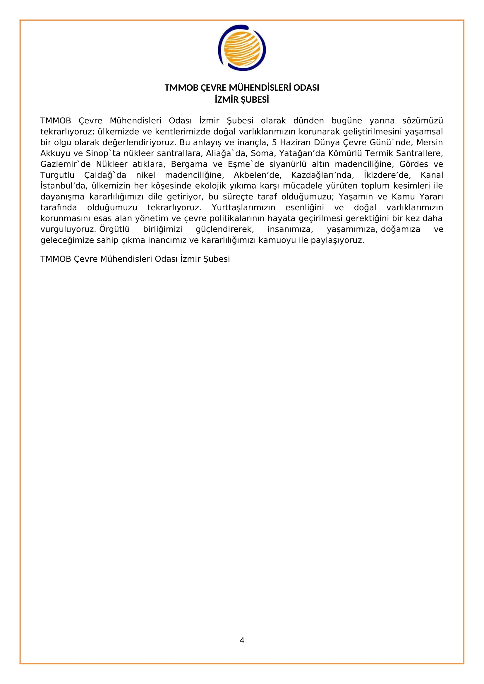 BASIN AÇIKLAMASI: EKOLOJİK YIKIMLA MÜCADELE HAFTASI VE ÇEVRE GÜNÜ