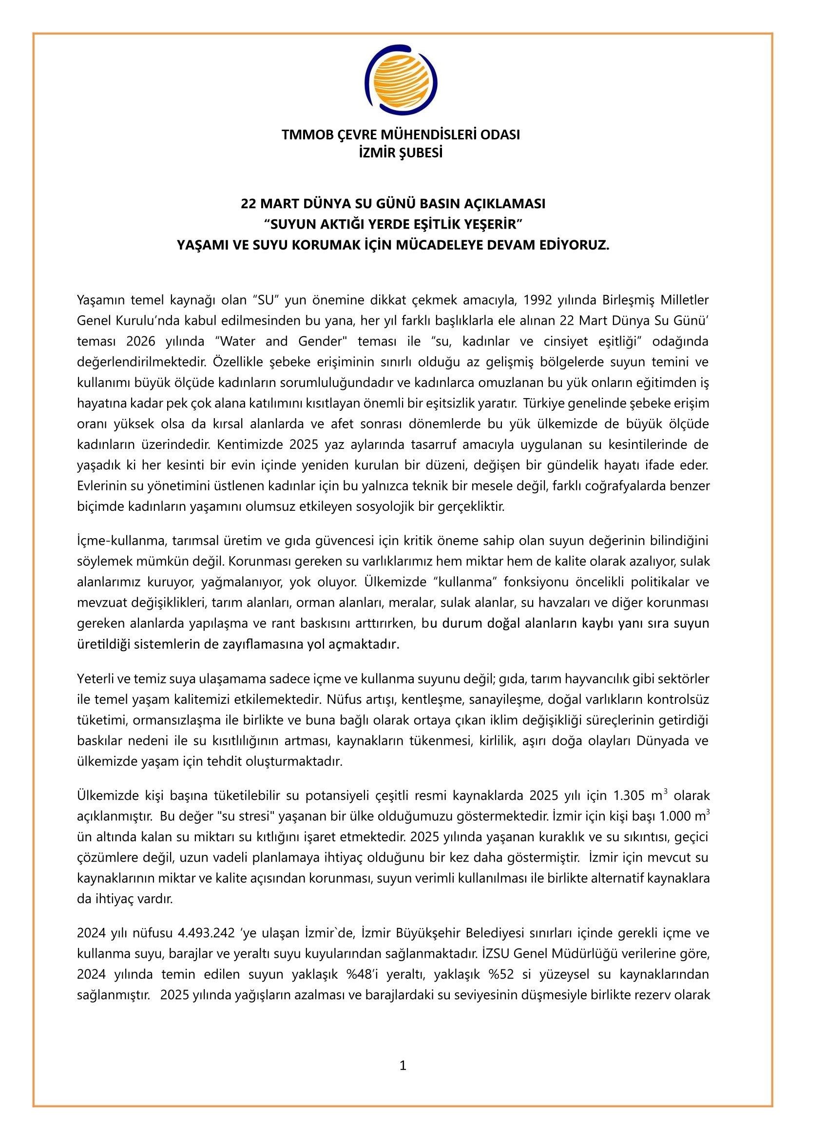 22 MART DÜNYA SU GÜNÜ BASIN AÇIKLAMASI: “SUYUN AKTIĞI YERDE EŞİTLİK YEŞERİR”  YAŞAMI VE SUYU KORUMAK İÇİN MÜCADELEYE DEVAM EDİYORUZ.
