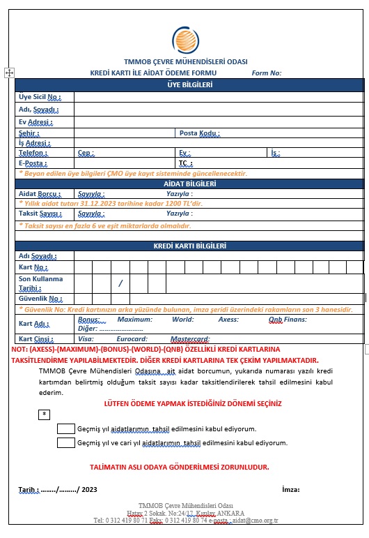 KREDİ KARTI İLE AİDAT ÖDEME FORMU