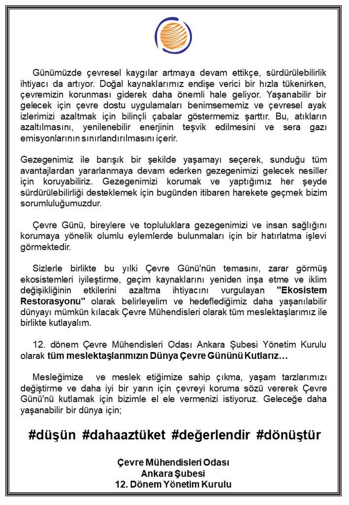 5 HAZİRAN DÜNYA ÇEVRE GÜNÜ TEBRİĞİ