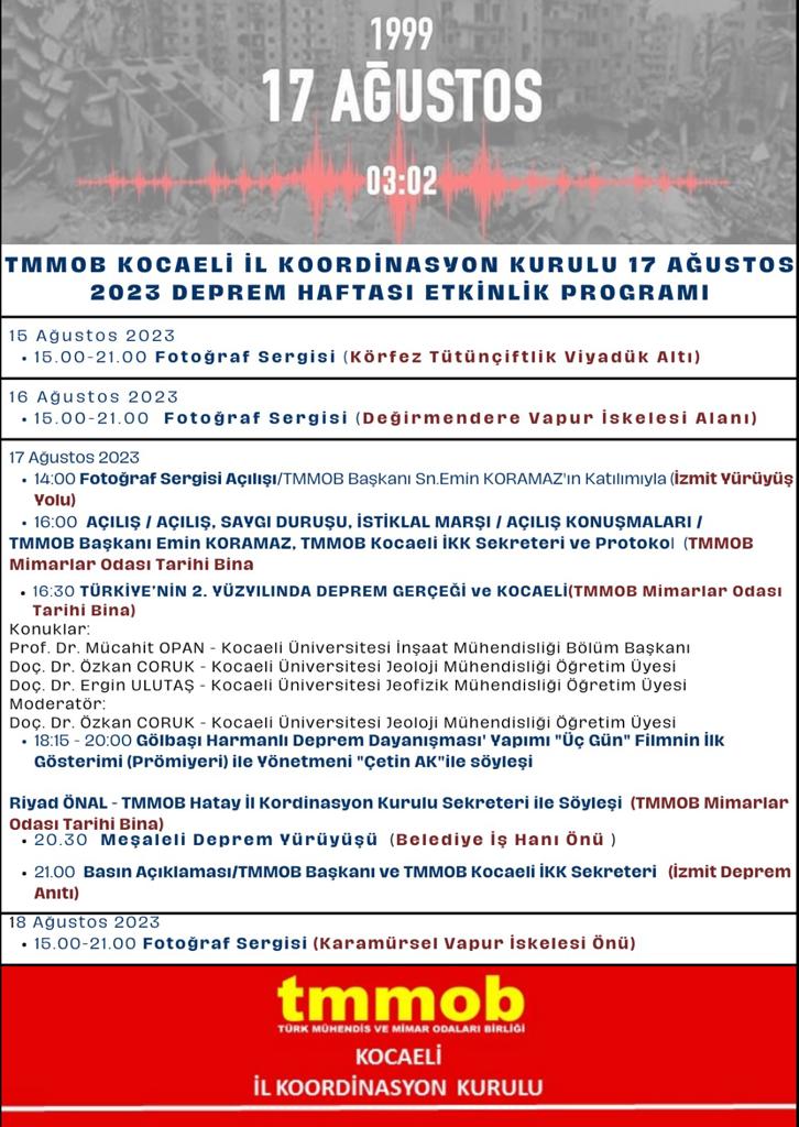 TMMOB KOCAELİ İL KOORDİNASYON KURULU 17 AĞUSTOS 2023 DEPREM HAFTASI ETKİNLİK PROGRAMI