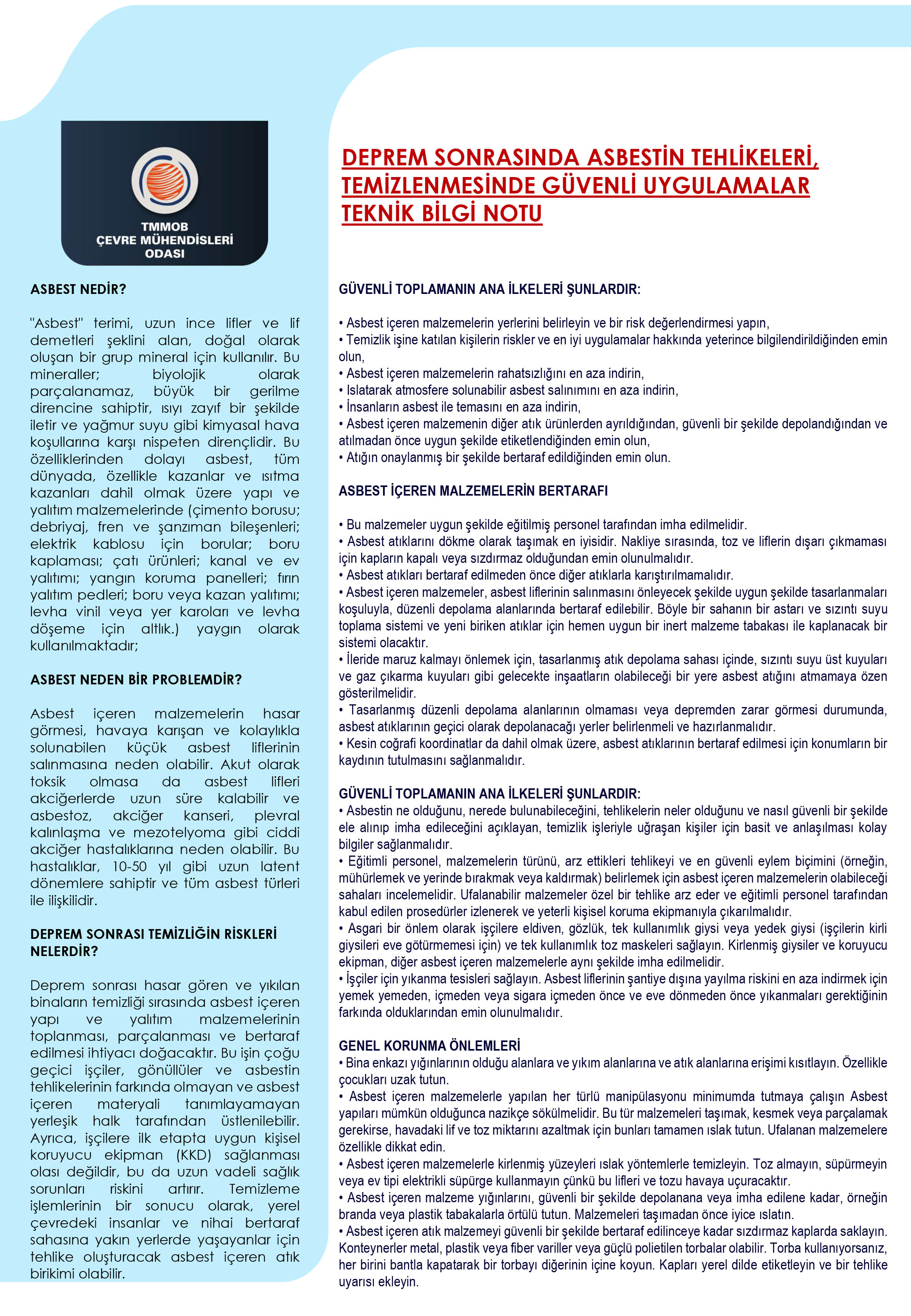DEPREM SONRASINDA ASBESTİN TEHLİKELERİ, TEMİZLENMESİNDE GÜVENLİ UYGULAMALAR TEKNİK BİLGİ NOTU