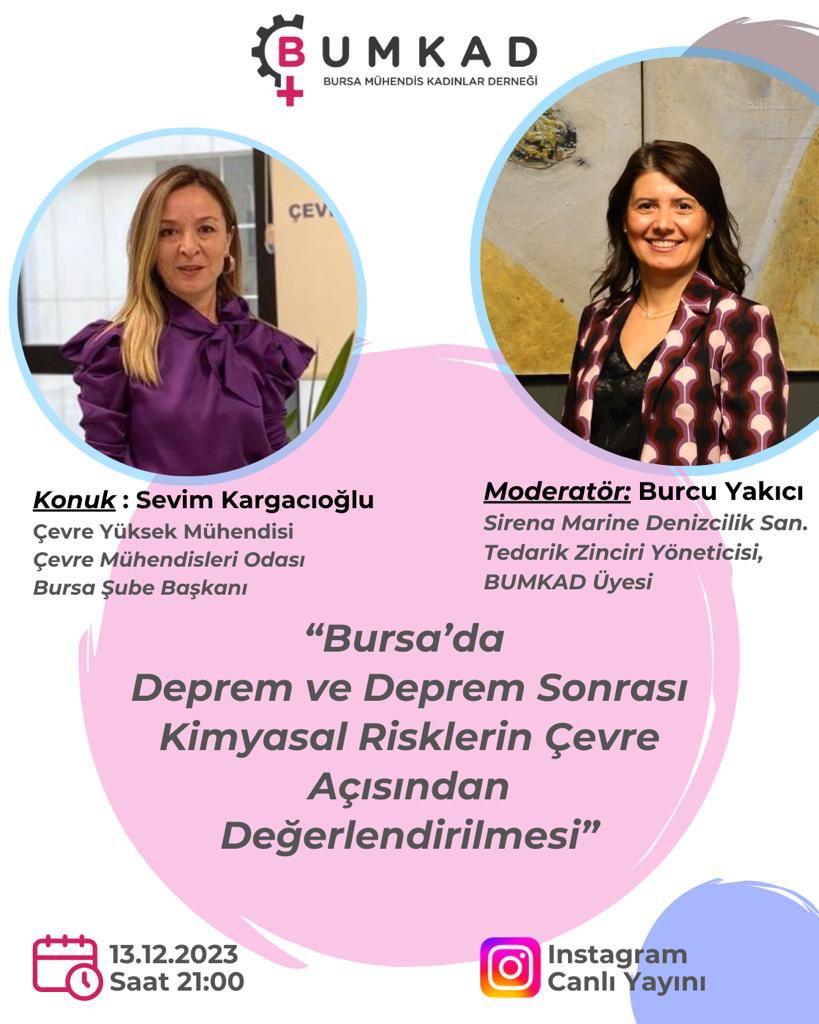 BUMKAD(BURSA MÜHENDİS KADINLAR DERNEĞİ) "BURSA'DA DEPREM VE DEPREM SONRASI KİMYASAL RİSKLERİN ÇEVRE AÇISINDAN DEĞERLENDİRİLMESİ" KONULU INSTAGRAM CANLI YAYINI