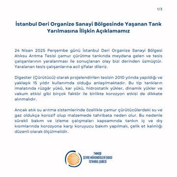 İstanbul Deri Organize Sanayi Bölgesinde Yaşanan Tank Yarılmasına İlişkin Açıklamamız