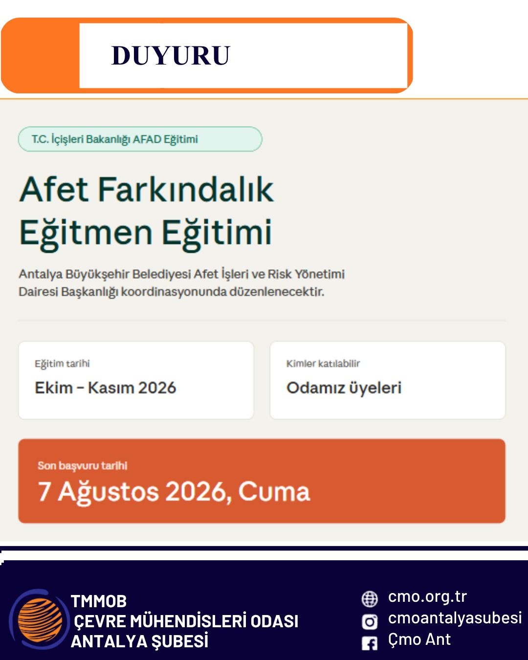 Afet Farkındalık Eğitmen Eğitimi Duyurusu