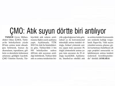 ÇMO: ATIK SUYUN DÖRTTE BİRİ ARITILIYOR(EVRENSEL GAZETESİ)