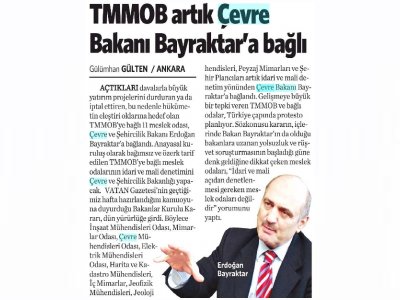 TMMOB ARTIK ÇEVRE BAKANI BAYRAKTARA BAĞLIVATAN GAZETESİ)