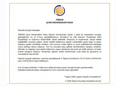 9.TMMOB ÇEVRE MÜHENDİSLERİ ÖĞRENCİ KURULTAYI ÇAĞRISI