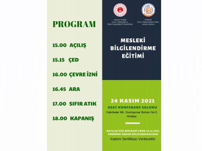 ÇEVRE MÜHENDİSLERİ ODASI ANTALYA ŞUBESİANTALYA ÇEVRE ŞEHİRCİLİK VE İKLİM DEĞİŞİKLİĞİ İL MÜDÜRLÜĞÜ ORTAKLIĞINDA;
MESLEKİ BİLGİLENDİRME TOPLANTISI YAPILACAKTIR