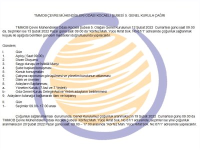 TMMOB ÇEVRE MÜHENDİSLERİ ODASI KOCAELİ ŞUBESİ 5. OLAĞAN GENEL KURULU ASKI DUYURUSU