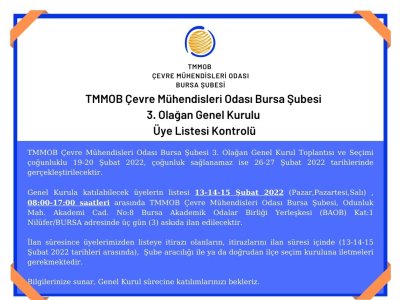 TMMOB ÇEVRE MÜHENDİSLERİ ODASI 3. OLAĞAN GENEL KURULU ÜYE LİSTESİ KONTROLÜ