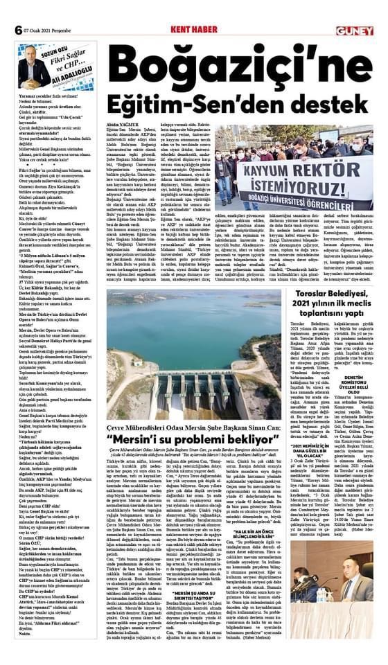 MERSİN`İ SU PROBLEMİ BEKLİYORGÜNEY GAZETESİ,7 OCAK 2021)