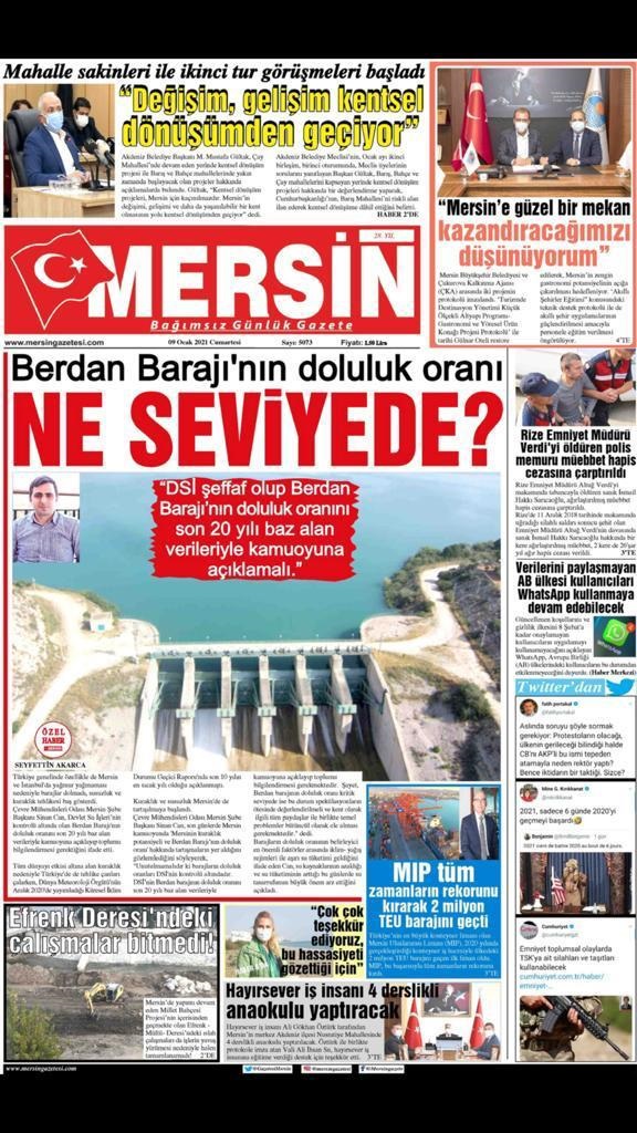 BERDAN BARAJINDA DOLULUK ORANI NE SEVİYEDE( MERSİN GAETESİ 9 OCAK 2021)