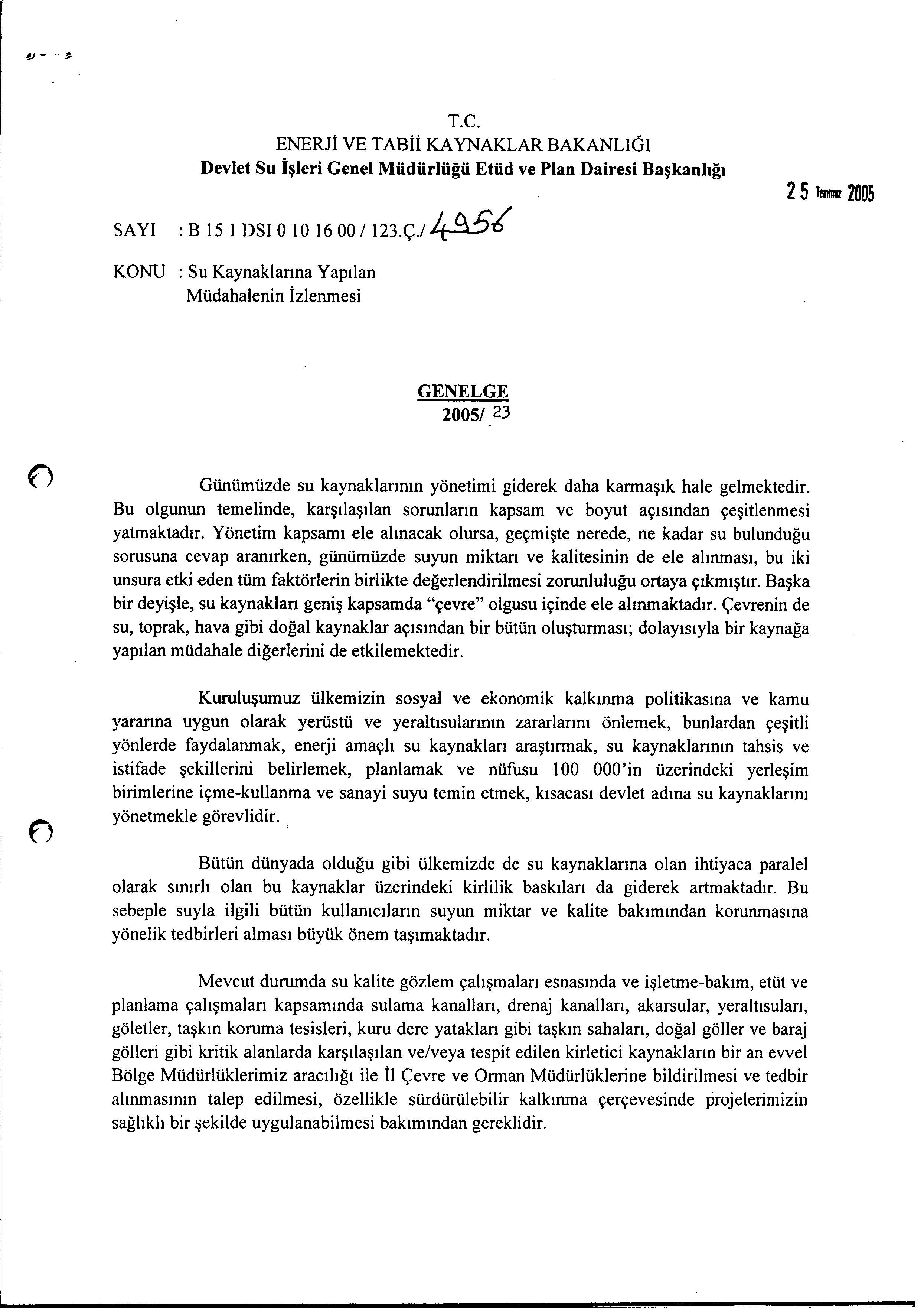 Su Kaynaklarına Yapılan Müdahalenin İzlenmesi2005/23-DSİ) 