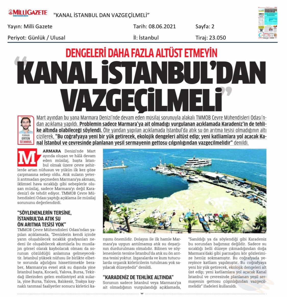 KANAL İSTANBUL`DAN VAZGEÇİLMELİMİLLİ GAZETE)
